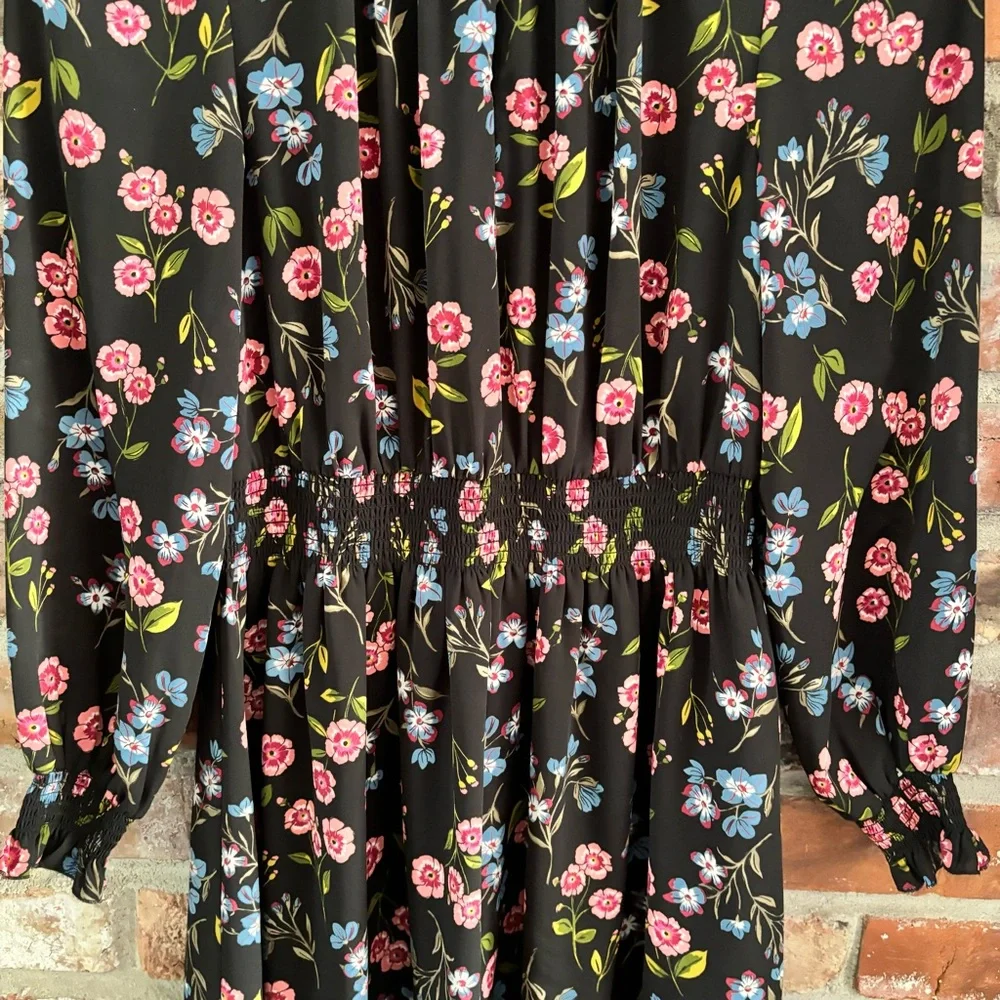 Kate Spade Black Floral Smock Waist Dress, S